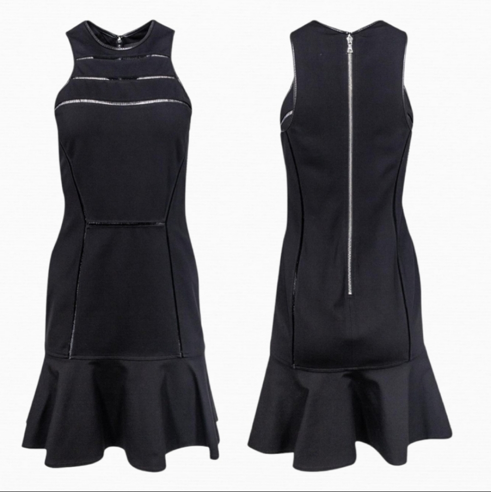 Yigal Azrourl little black dress lambskin leather piping flare ruffle size 6
